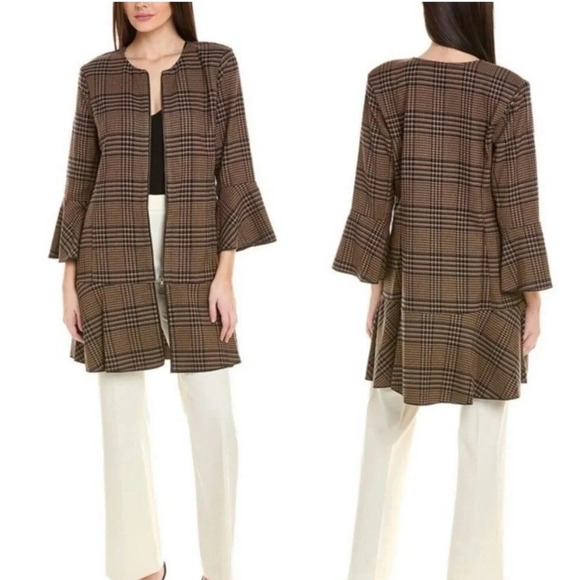 Cabi Flounce Jacket #3902 Tan Brown Navy Tartan Plaid S Zip Front Longline - Picture 2 of 12